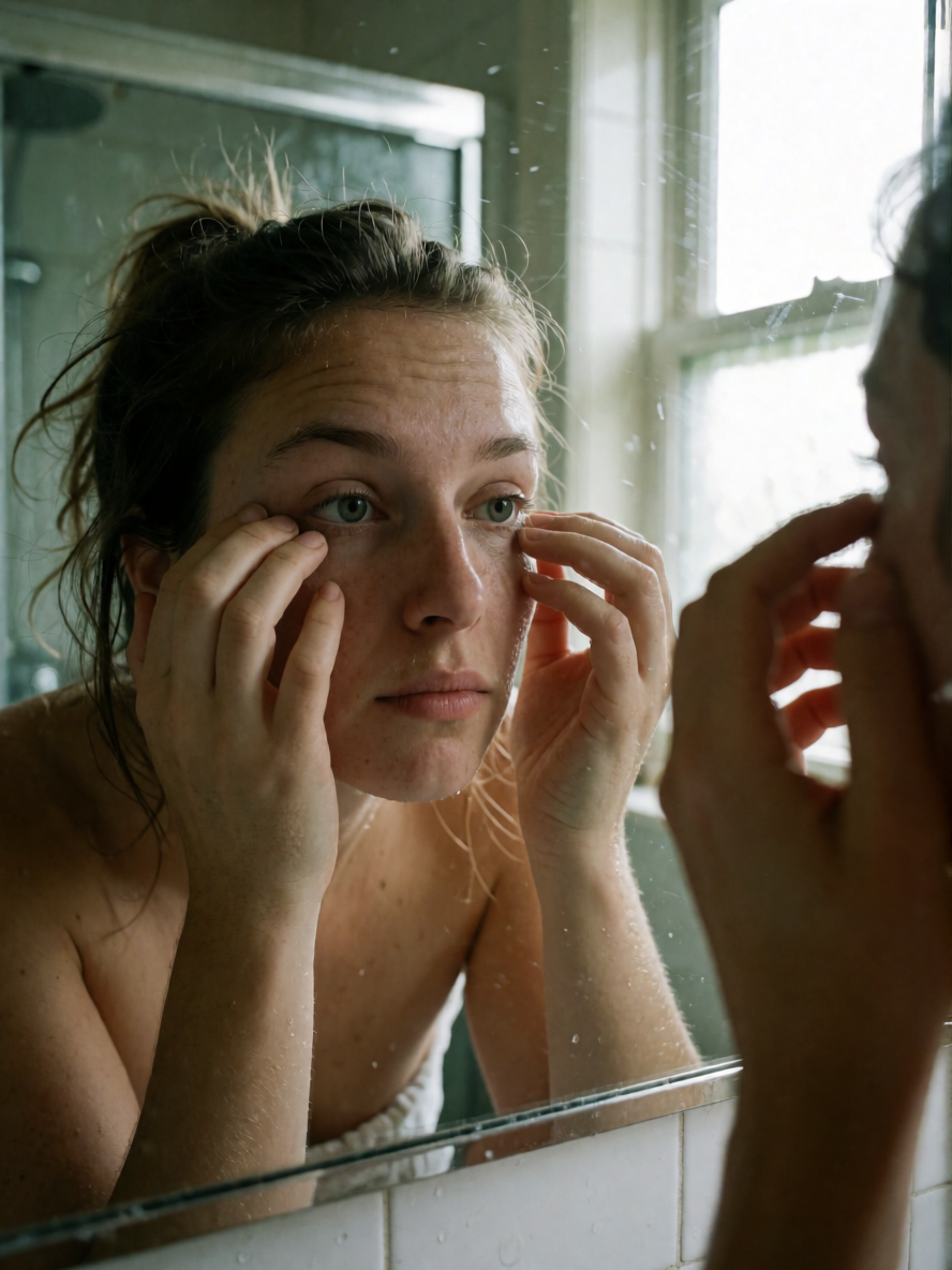 Woman checking magnetic lashes in bathroom mirror