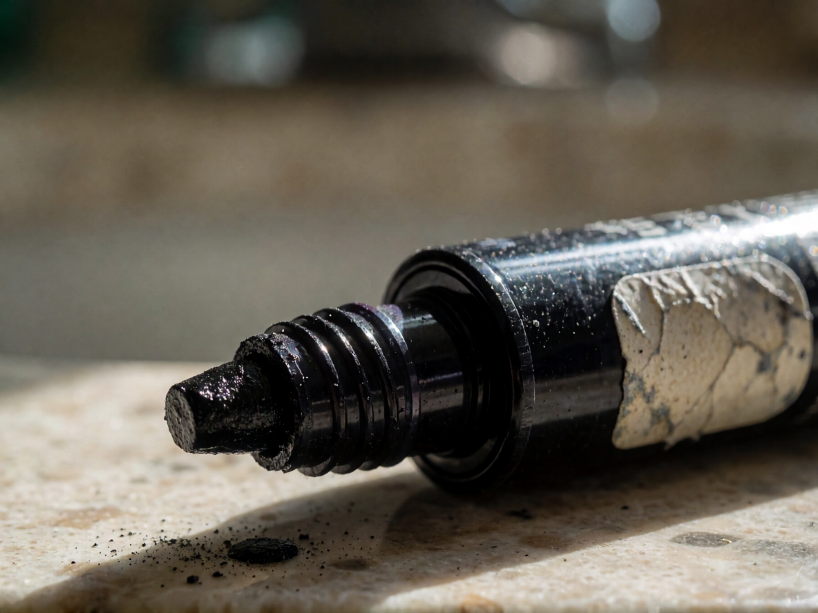 Dried-up magnetic eyeliner on bathroom counter