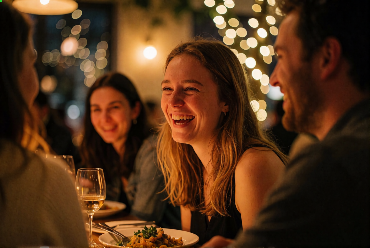 Woman laughing at dinner wearing natural lashes