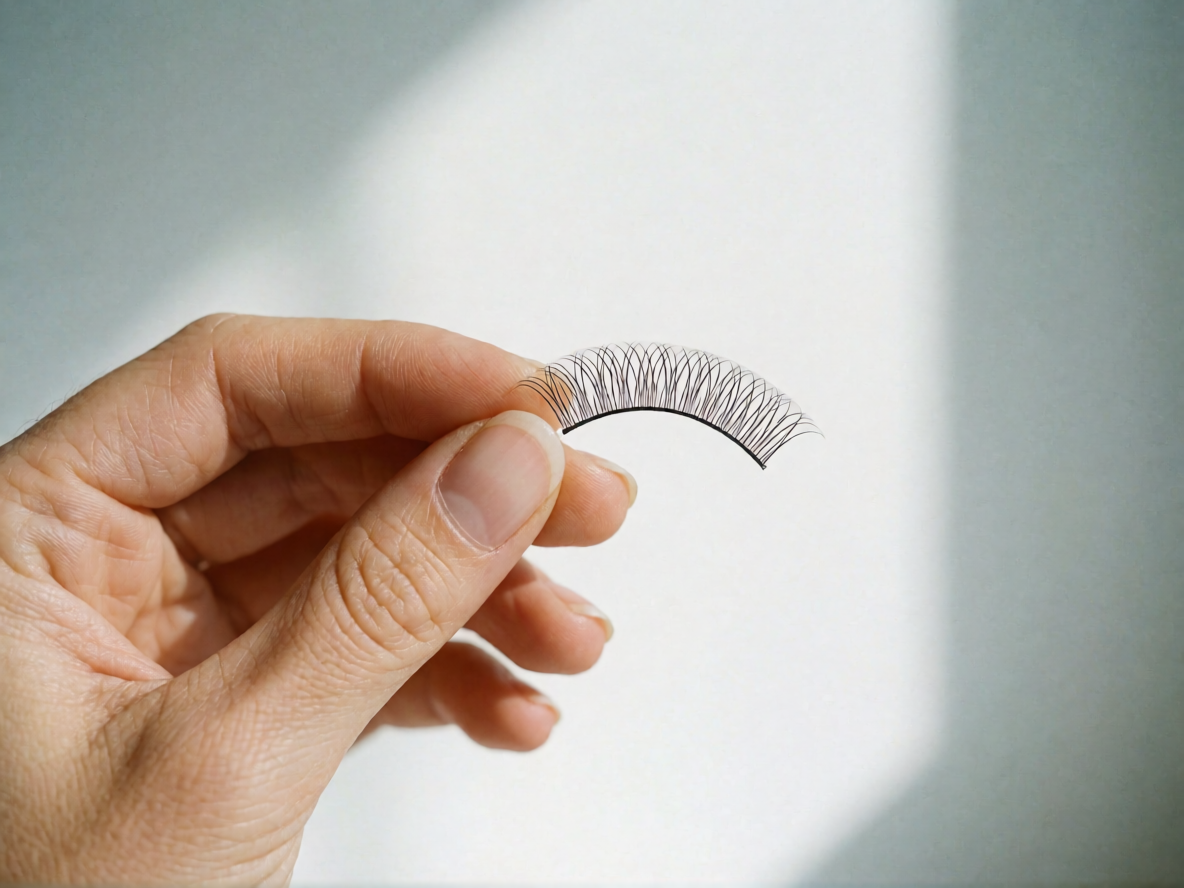 Hand holding a single PHANSTA self-adhesive lash band strip